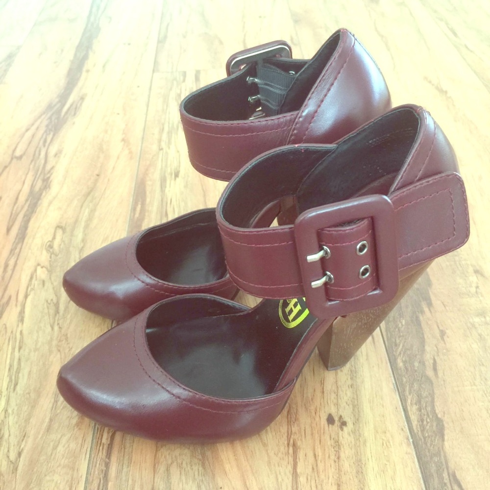 Ash Burgundy platform pumps w/ ankle strap